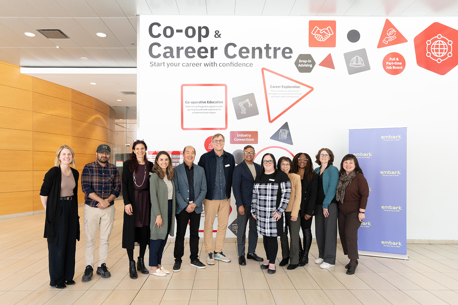 Andrew Lo, President and CEO, Embark (centre left), Bob Eichvald, Director, Career Centre, York University (centre) and representatives of the Embark Student Foundation Major Grant Program meet with the inspiring Co-Op & Career Centre team at York University.