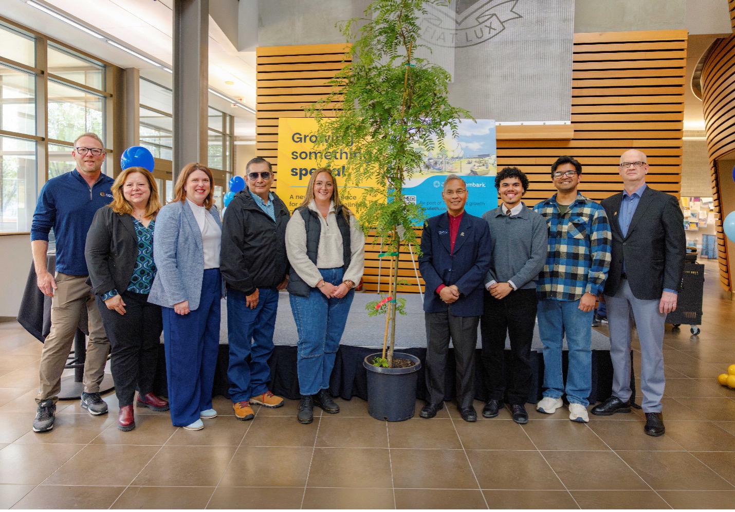 Group photo from May 20, 2026, marking the start of Grove construction, featuring (left to right) Dr. Mark Slomp, Kathleen Massey, Sarah Lyon (Embark), Tom Little Bear, and Shelby Zuback