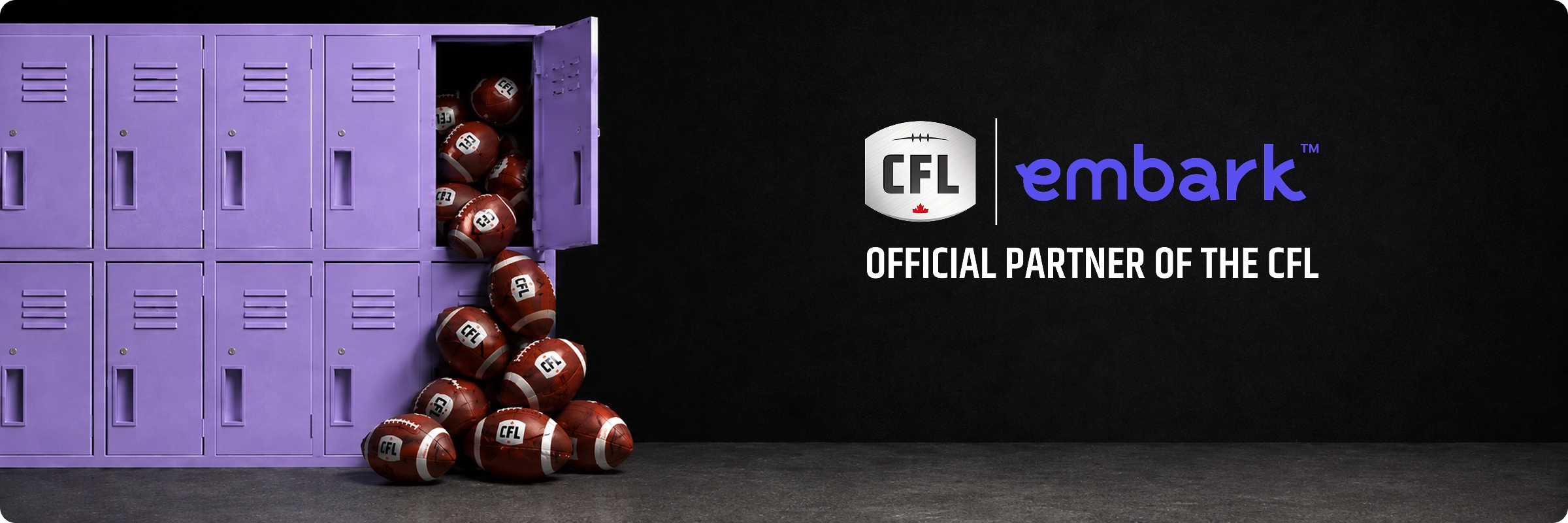 Lockers filled with footballs showcasing the Embark and CFL partnership