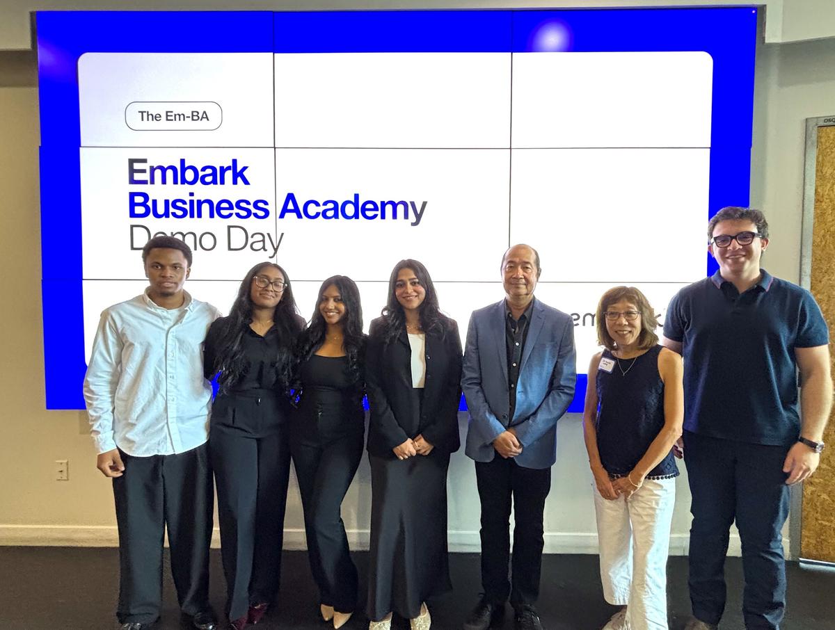 Andrew Lo, Jo-Anne Wong with Student Team Embark (left to right): Daniel Itegie, Abinaya Nandan, Salma Khalid, Artthi Ramesh, and Ashkan Raeissian.